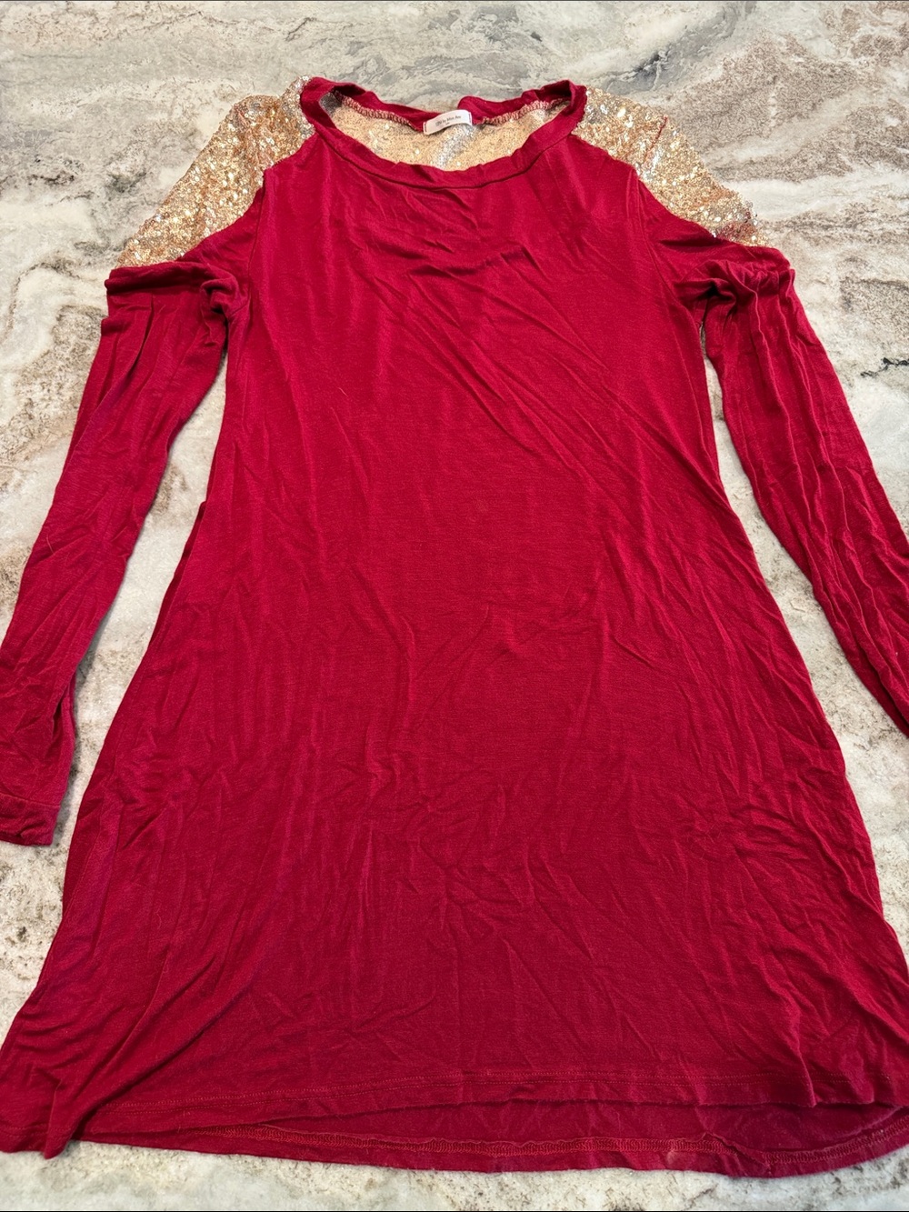12 Pm By Mon Ami Red Long Sleeve Top with Gold Sequin Shoulders
